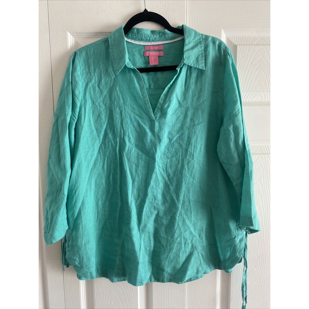 Isaac Mizrahi Side Tie Linen Tunic‎ Womens Size L Teal V-Neck Boho Blouse Top